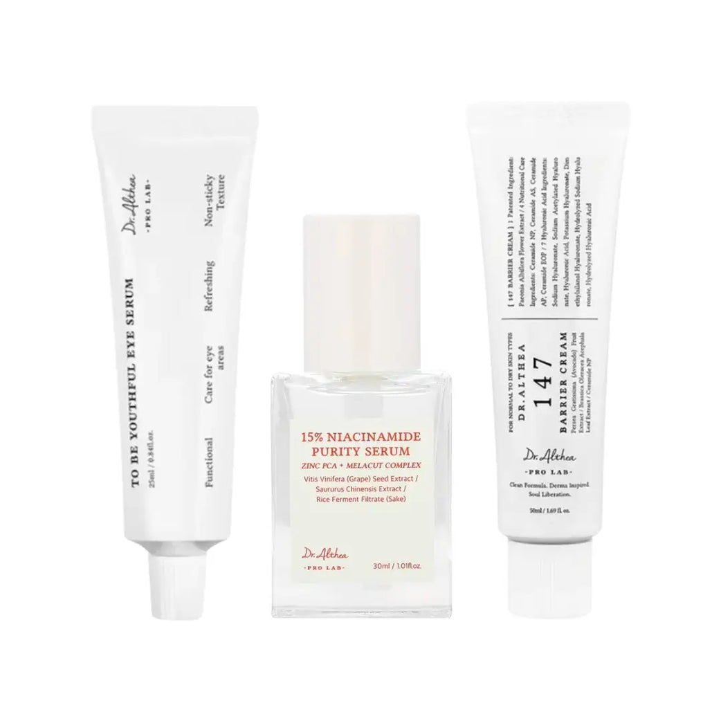 Dr. Althea Niacinamide Skincare Set | Purity Serum 30ml, 147 Barrier Cream 50ml & Youthful Eye Serum 25ml