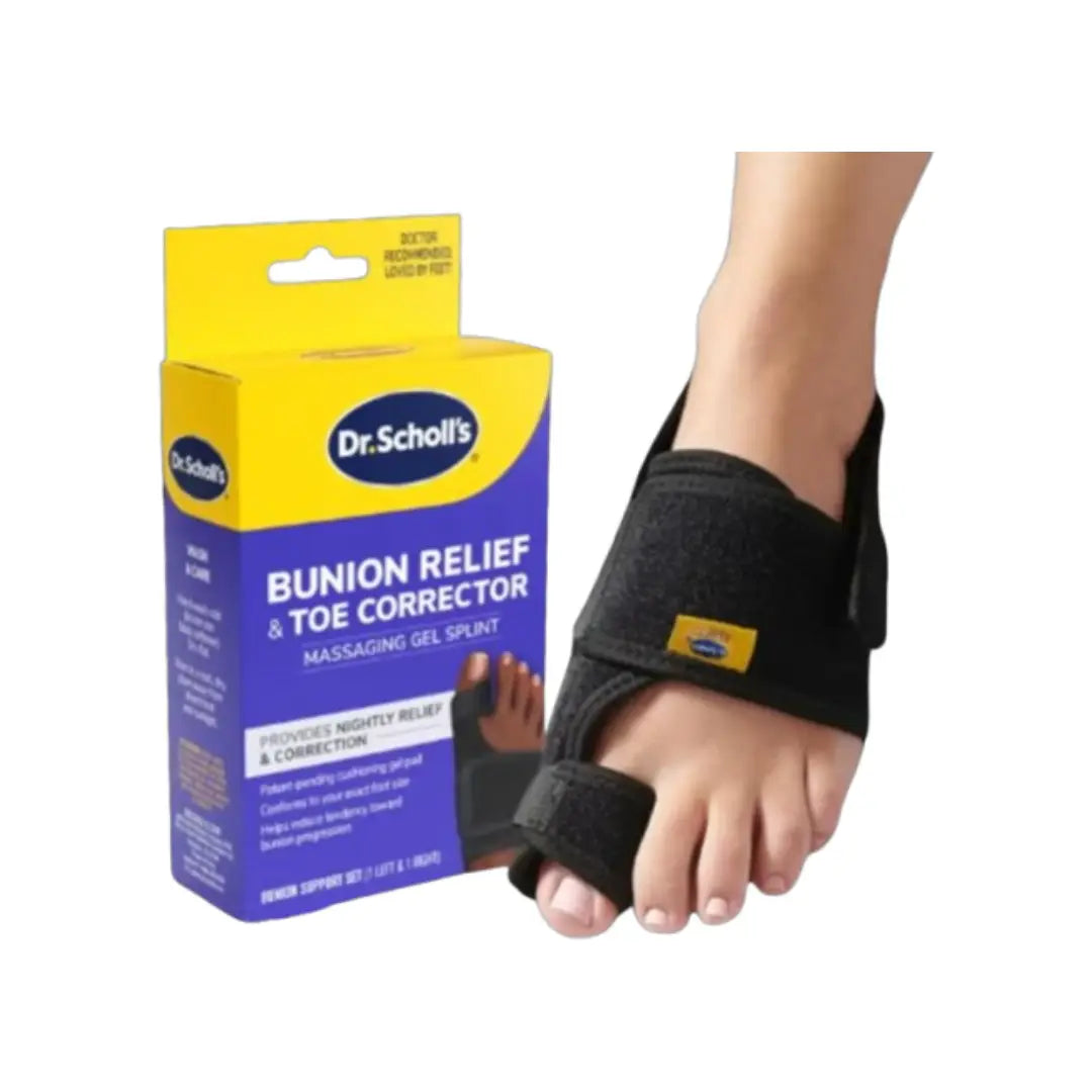 Dr. Scholl’s Bunion Relief & Toe Corrector with gel pad and adjustable strap for bunion pain relief and toe alignment