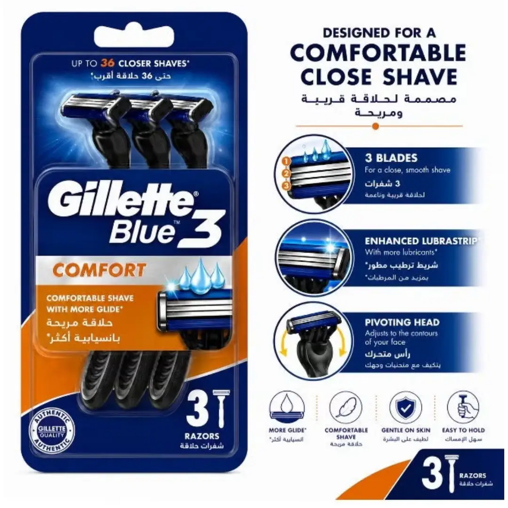 Gillette Blue3 Comfort Disposable Razors 3s – 3 Blade Men's Shaving Razor