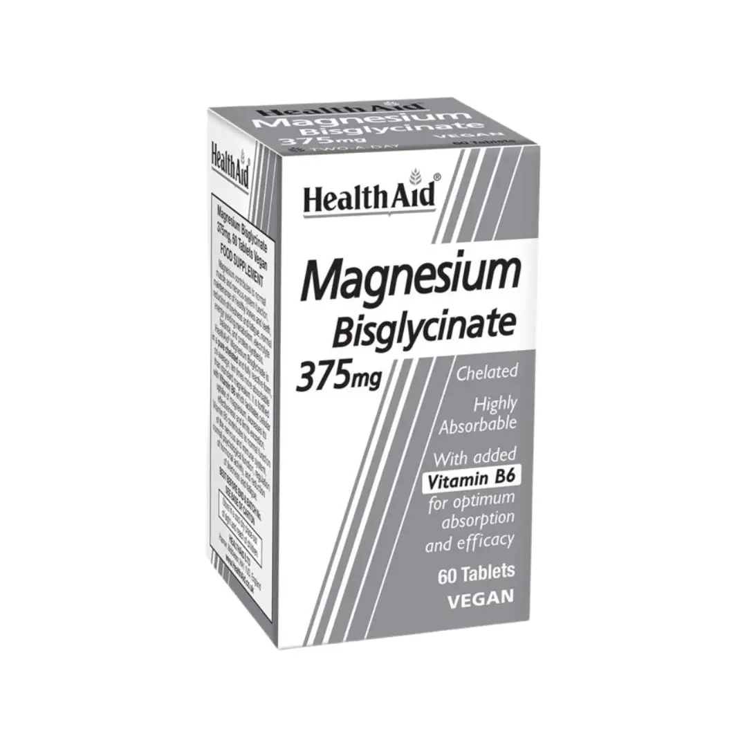 HealthAid Magnesium Bisglycinate 375mg Tablets 60s – High Absorption Vegan Magnesium with Vitamin B6