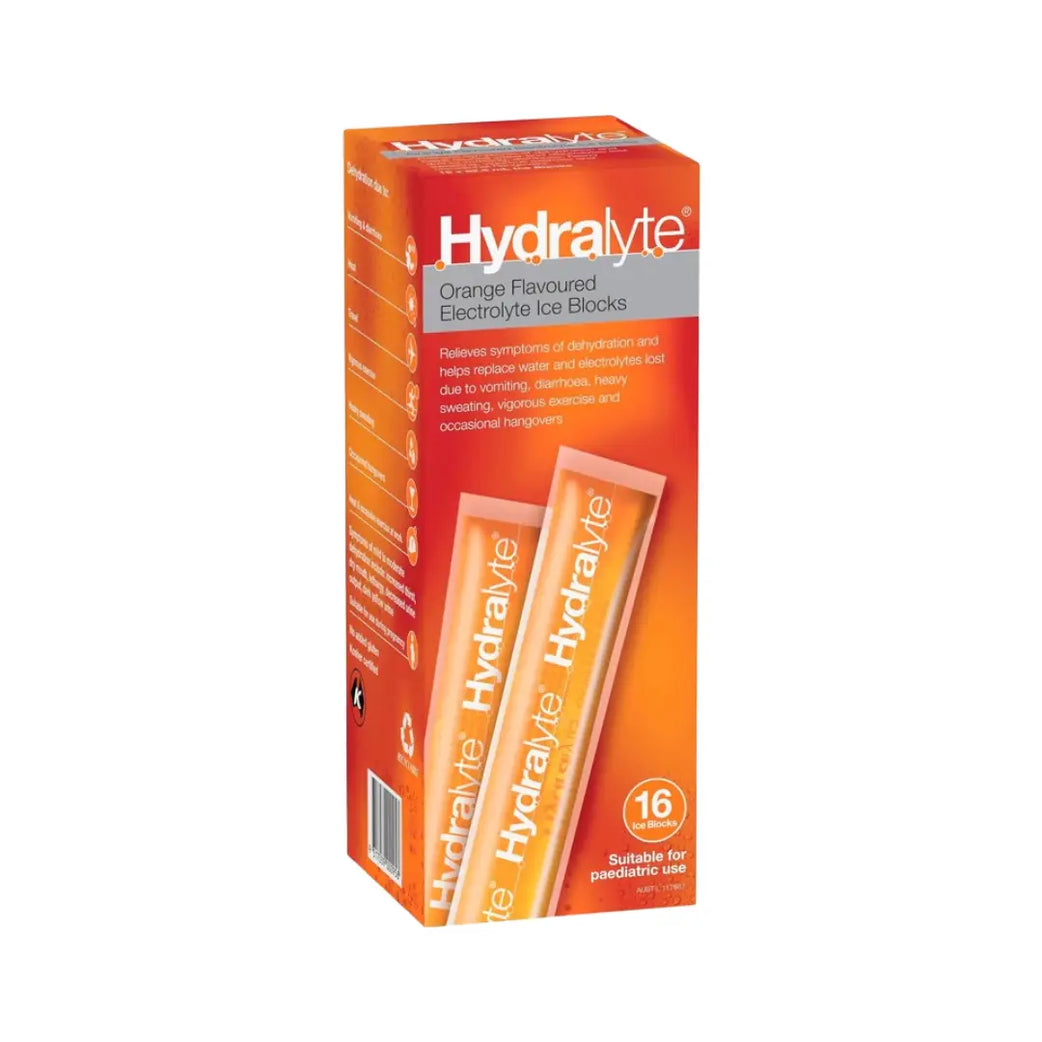 Hydralyte Electrolyte Ice Block Orange 62.5ml 16s – Hydration Freezer Pops for Dehydration & Electrolyte Support