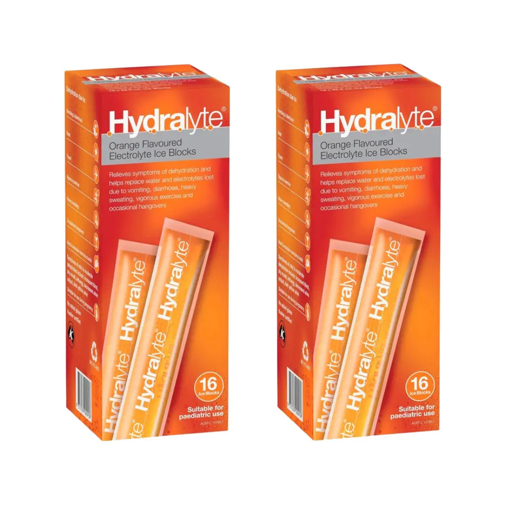 Hydralyte Electrolyte Ice Blocks Orange 16s – 2 Packs | Oral Rehydration Frozen Electrolyte Ice Pops