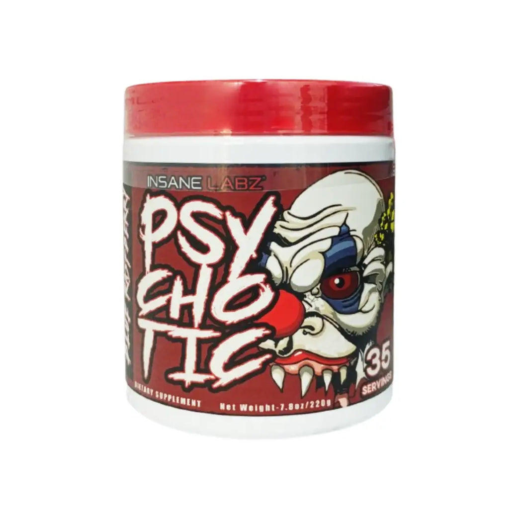Insane Labz Psychotic Blue Raspberry pre-workout powder 220g tub with 35 servings, caffeine-based energy and focus supplement, blue raspberry flavor label packaging
