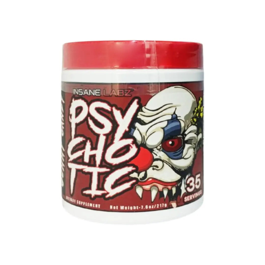 Insane Labz Psychotic Gummy Candy pre-workout powder 217g tub with 35 servings, caffeine-based energy and focus supplement, colorful candy-themed label packaging