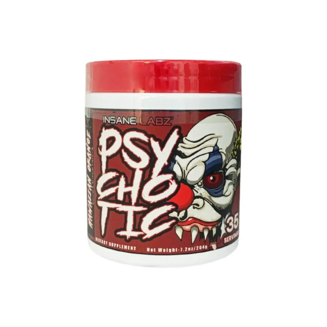 Insane Labz Psychotic Hawaiian Orange pre-workout powder 212g container, 35 servings, high-stimulant energy and focus supplement for intense workouts, tropical citrus flavor packaging