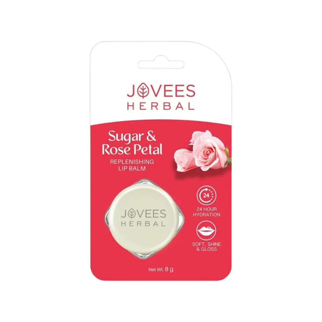 Jovees Herbal Sugar & Rose Petal Lip Balm 8g | Replenishing Lip Care Balm | Moisturizing & Softening Lip Treatment