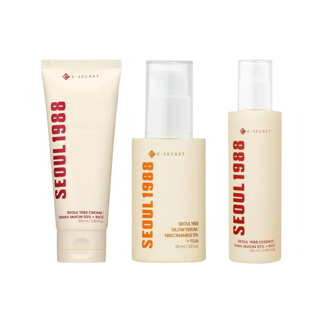 K-Secret Seoul 1988 Glow Skincare Set | Niacinamide Yuja Serum, Snail Mucin Essence & Cream