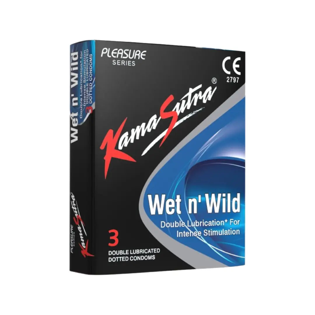 Kamasutra Wet N Wild Condoms 3 Pack – Extra Lubricated Natural Latex Condoms for Enhanced Comfort & Reliable Protection