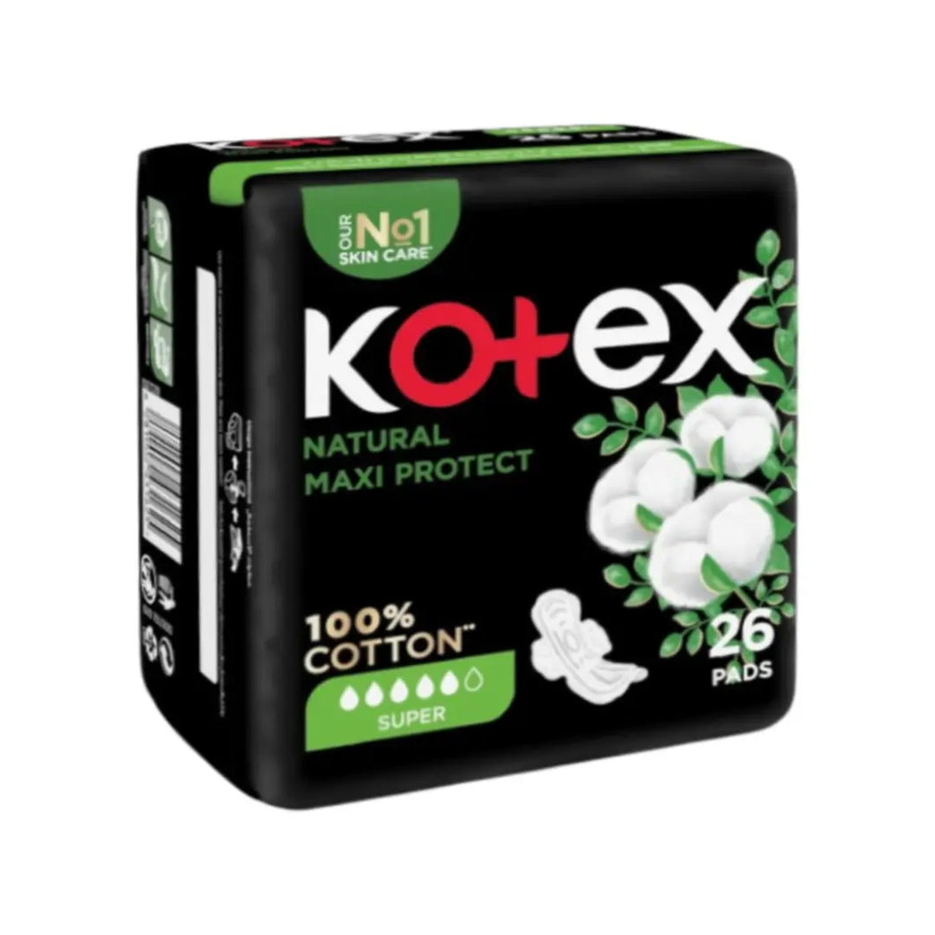 Kotex Natural Maxi Protect Super Pads with Wings 26s – High Absorbency Sanitary Pads for Heavy Flow