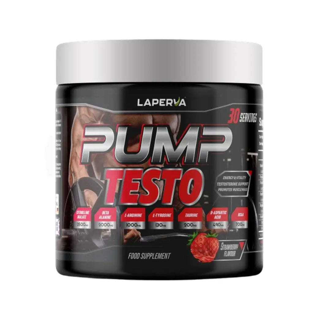 Laperva Pump Testo 388g Strawberry pre-workout supplement for strength, endurance, and muscle performance