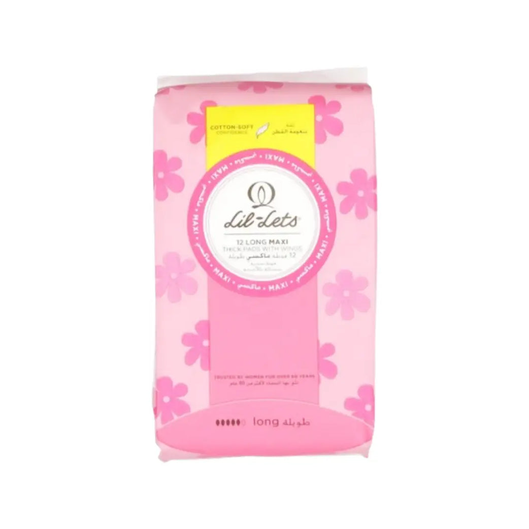 Lil-Lets Maxi Thick Long Pads with Wings 12s | Heavy Flow Sanitary Pads for Extra Leak Protection