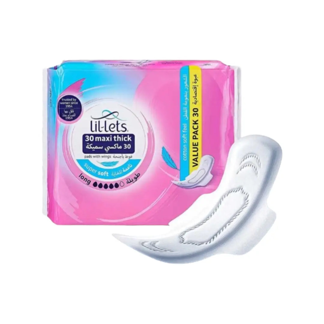 Lil-Lets Maxi Thick Super Soft Long Pads 30s | Heavy Flow Sanitary Pads with Extra Comfort & Absorbency
