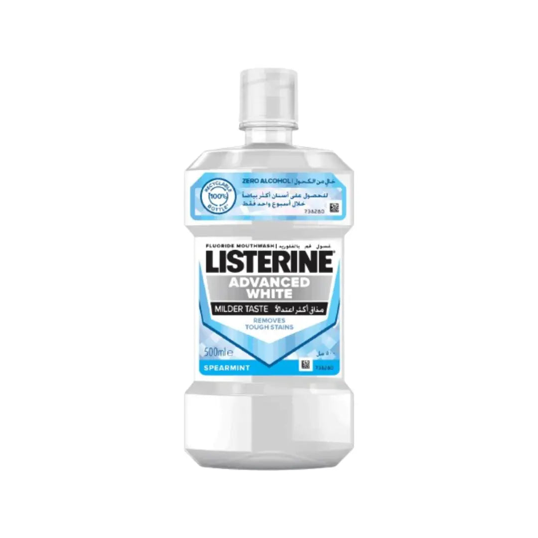 Listerine Advanced White Spearmint Fluoride Mouthwash 500ml – Whitening Mouthwash for Fresh Breath & Enamel Care