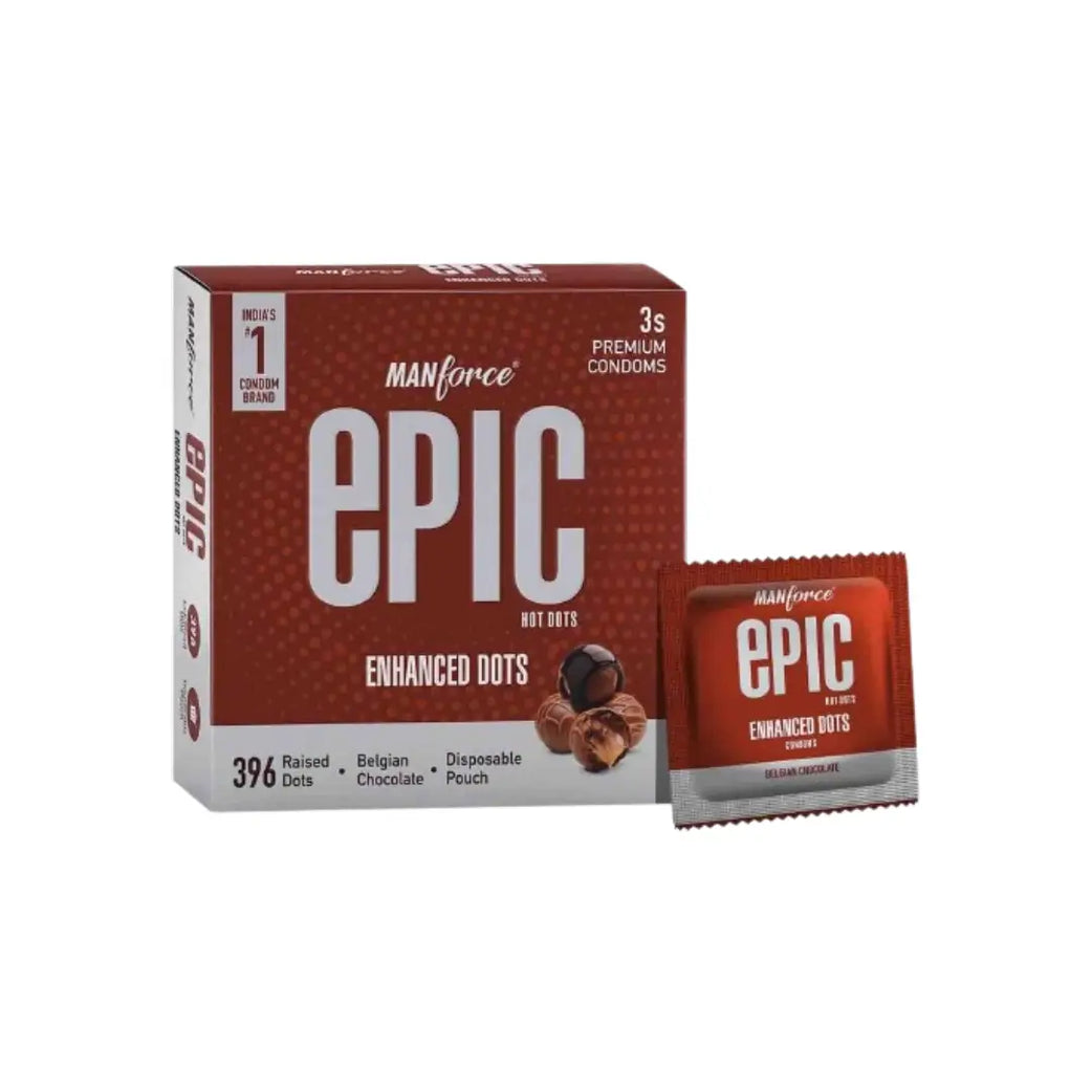 Manforce Epic Enhance Dots Belgian Chocolate Condoms 3 Pack – Dotted Chocolate Flavoured Natural Latex Condoms for Enhanced Sensation & Reliable Protection