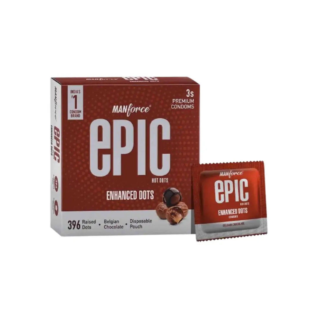 Manforce Epic Enhance Dots Belgian Chocolate Condoms 3 Pack – Dotted Chocolate Flavoured Natural Latex Condoms for Enhanced Sensation & Reliable Protection