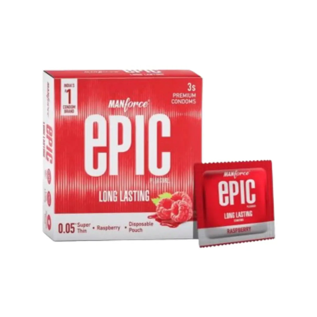 Manforce Epic Long Lasting Raspberry Condoms 3 Pack – Delay Natural Latex Condoms with Raspberry Flavour for Reliable Protection