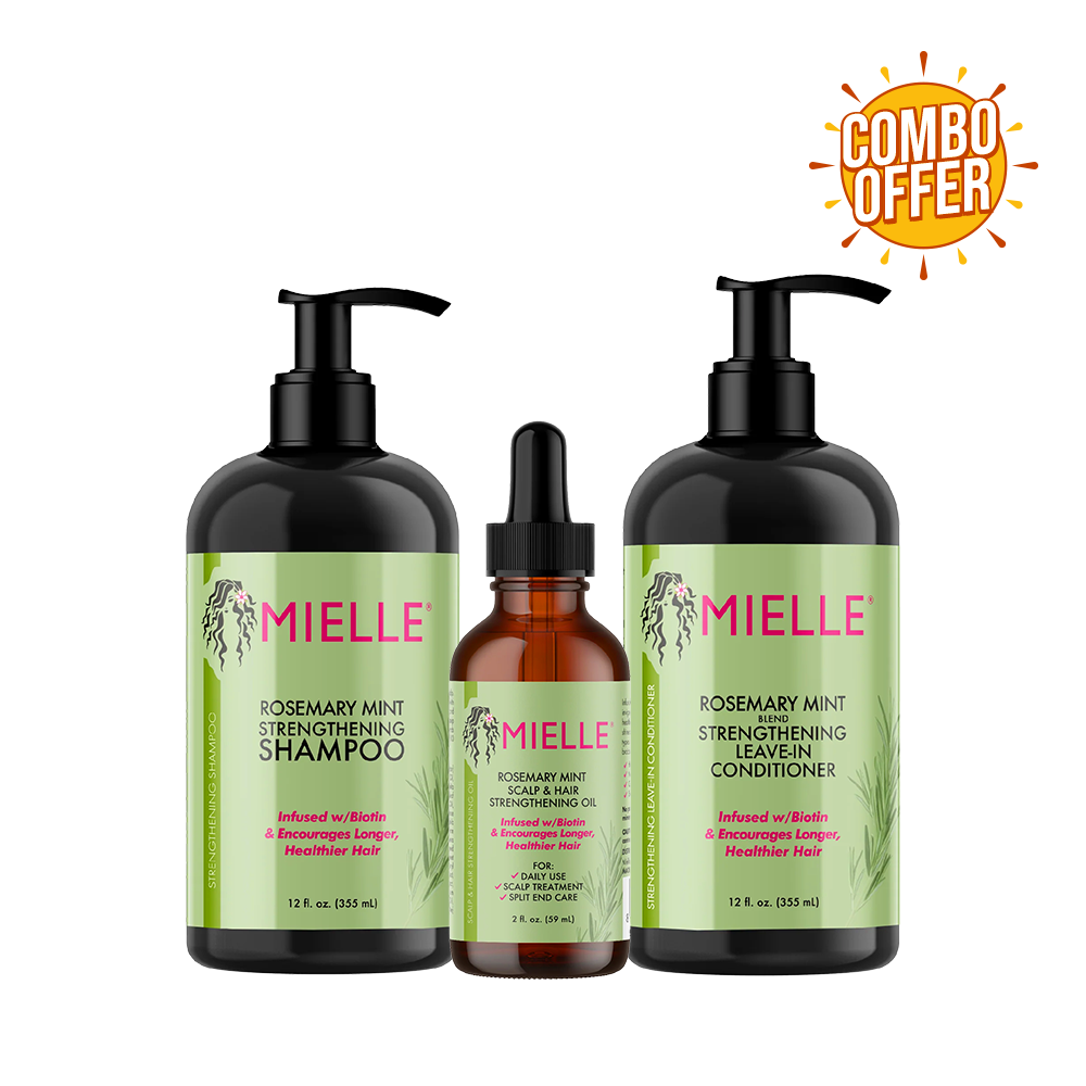 Super Combo Offer: Mielle Rosemary Mint Strengthening Shampoo With Pump 355ml + Mielle Rosemary Mint Scalp & Hair Strengthening Oil 59ml + Mielle Rosemary Mint Strengthening Conditioner 355ml