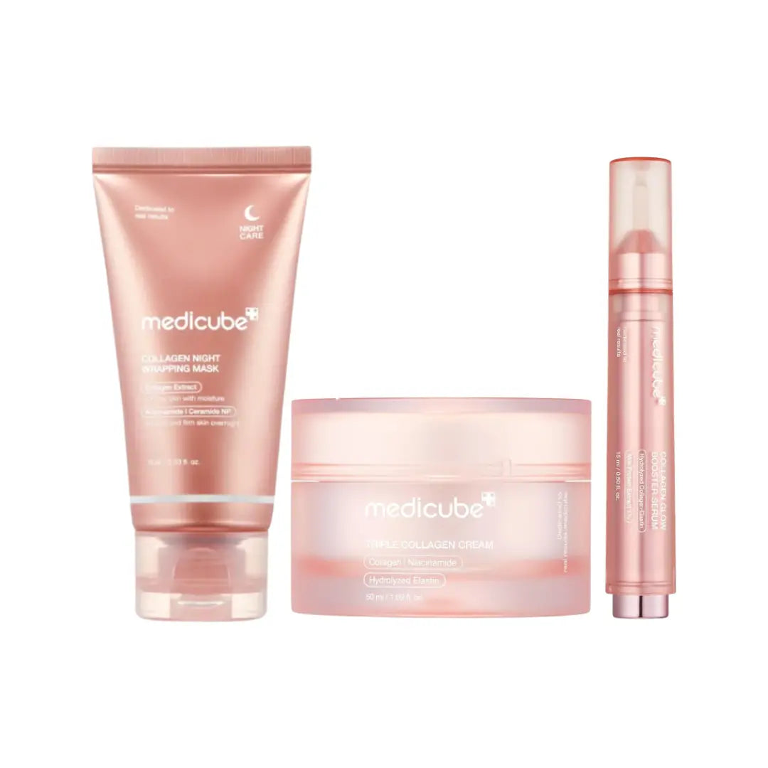 Medicube Collagen Skincare Set | Collagen Booster Serum 15ml + Triple Collagen Cream 50ml + Night Wrapping Mask 75ml