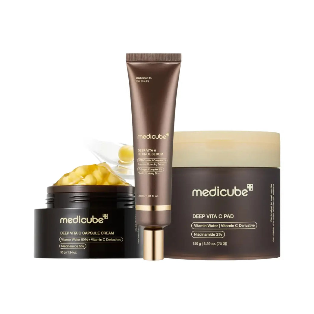 Medicube Deep Vita Skincare Set | Vita C Pads, Capsule Cream & Retinol Serum | Brightening & Anti-Aging Care