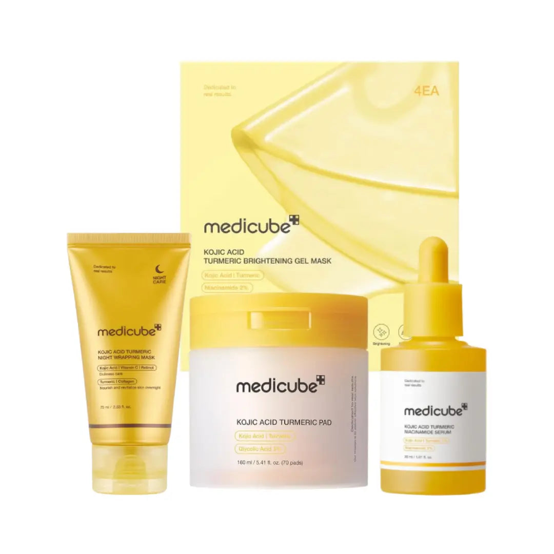 Medicube Kojic Acid Turmeric Skincare Set | Niacinamide Serum, Toner Pads, Night Mask & Whitening Gel Masks