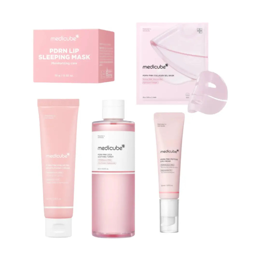 Medicube PDRN Pink Skincare Set | Cica Toner, Collagen Gel Mask, Peptide Eye Cream, Hyaluronic Cream & Lip Sleeping Mask