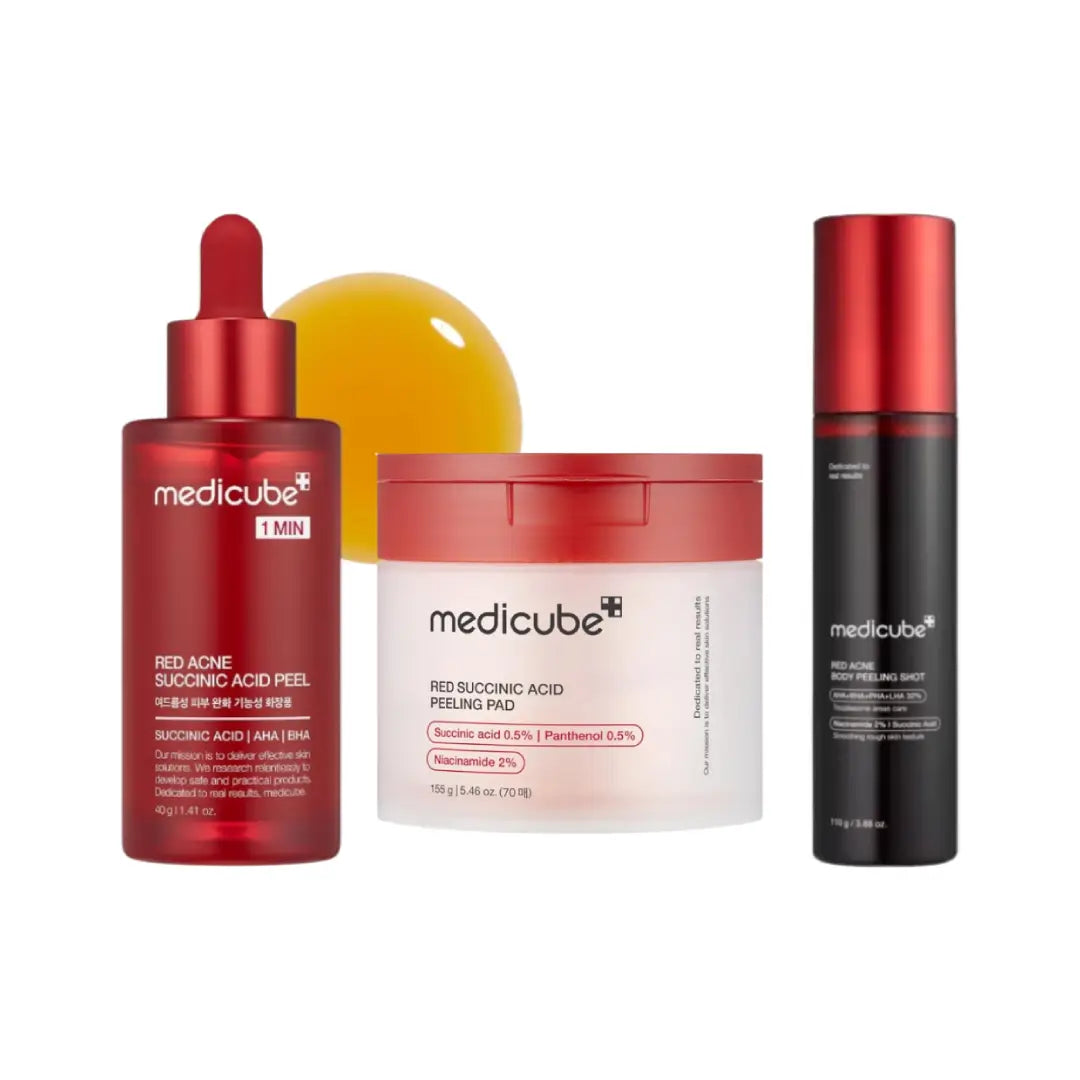Medicube Red Acne Skincare Set | Succinic Acid Peel 40g, Body Peeling Shot 110g & Peeling Pads 155g