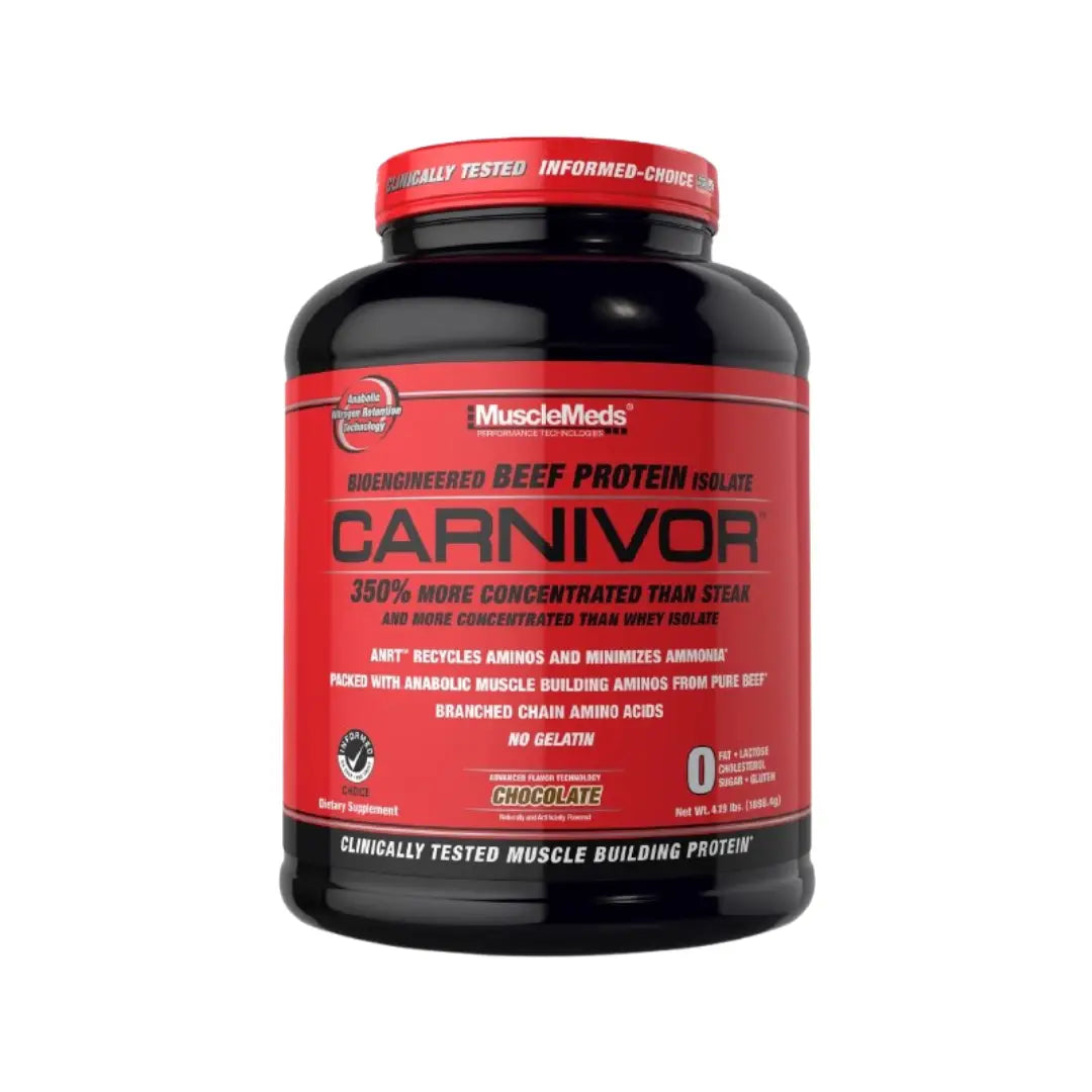 MuscleMeds Carnivor chocolate flavor protein supplement container