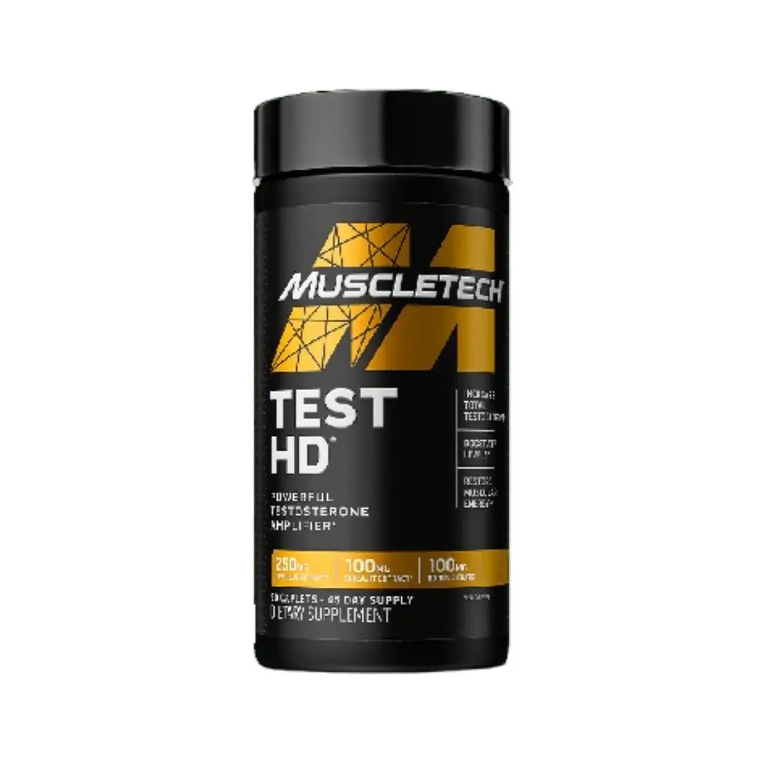 MuscleTech HD Test Caplets 90s bottle in black and blue packaging, dietary supplement for active lifestyle and fitness support.