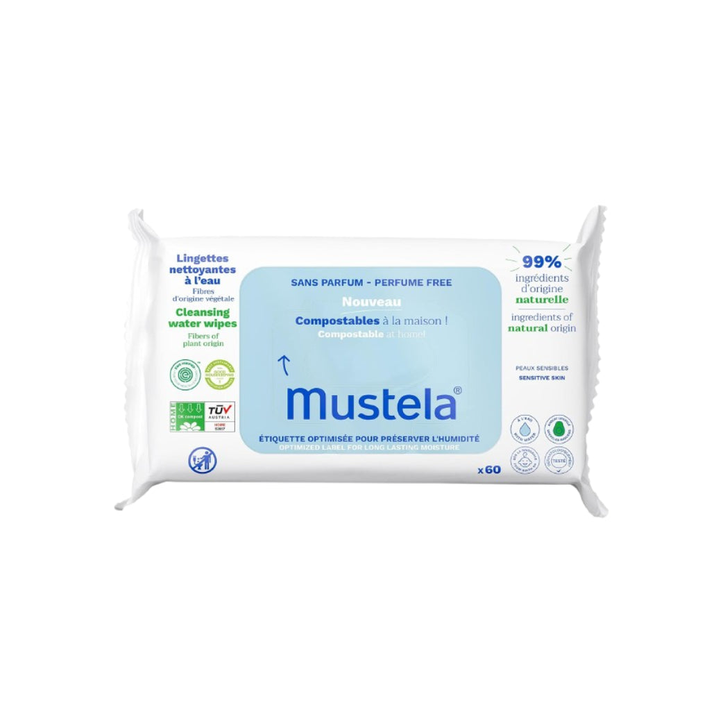 Mustela Home Compostable Cleansing Water Wipes For Sensitive Skin 60's
