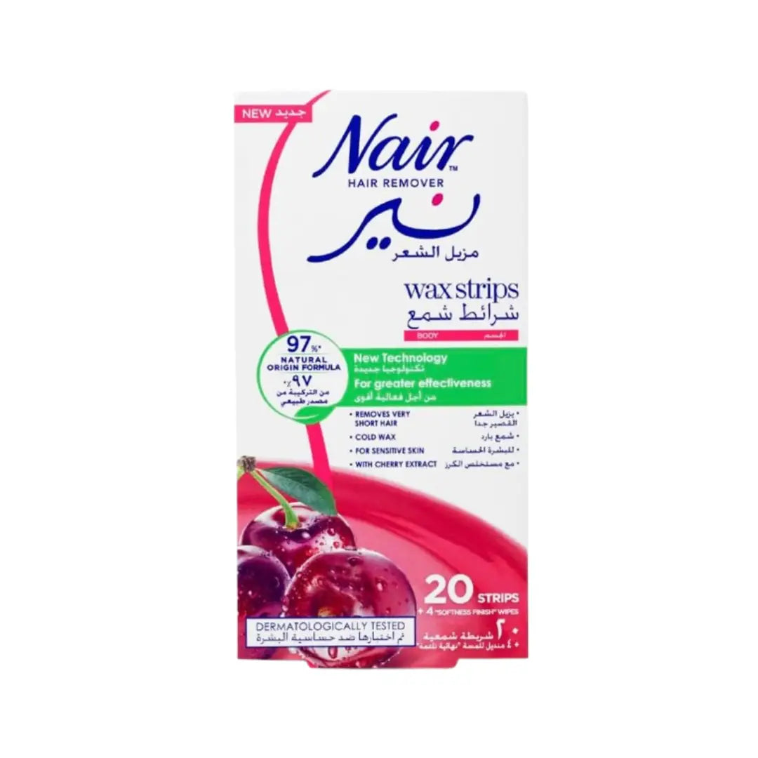 Nair Body Hair Removal Cherry Wax Strips 20 Pack – Ready-to-Use Wax Strips for Long-Lasting Smooth Skin