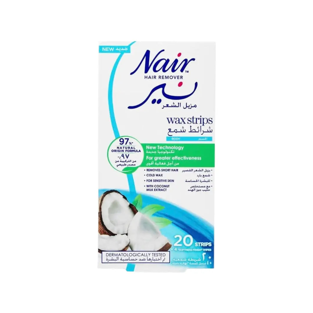 Nair Body Hair Removal Wax Strips Coconut Milk 20s | Sensitive Skin Wax Strips | Smooth Skin Up to 4 Weeks