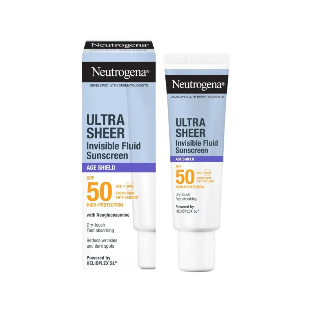 Neutrogena Ultra Sheer Invisible Fluid Sunscreen Age Shield SPF50+ 50ml - Lightweight Anti-Ageing Facial Sunscreen