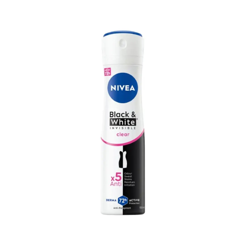 NIVEA Women Black & White Invisible Clear 72H Deo Spray 150ml | Anti-Stain Antiperspirant Protection