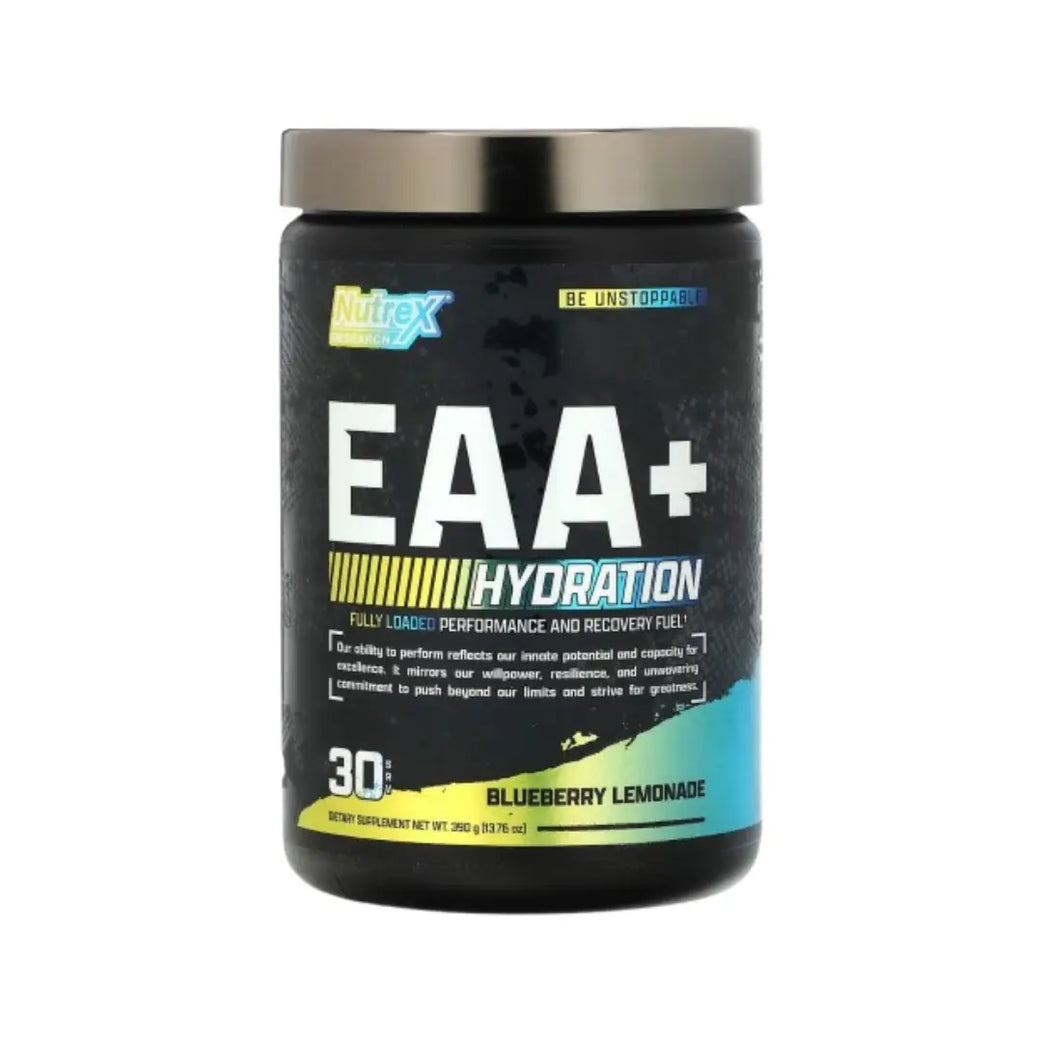 Nutrex EAA+ Hydration 390g Blueberry Lemonade flavor container front view