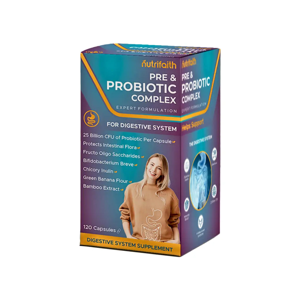 Nutrifaith Pre & Probiotic Complex Capsules 120s – digestive health supplement supporting gut balance and immunity