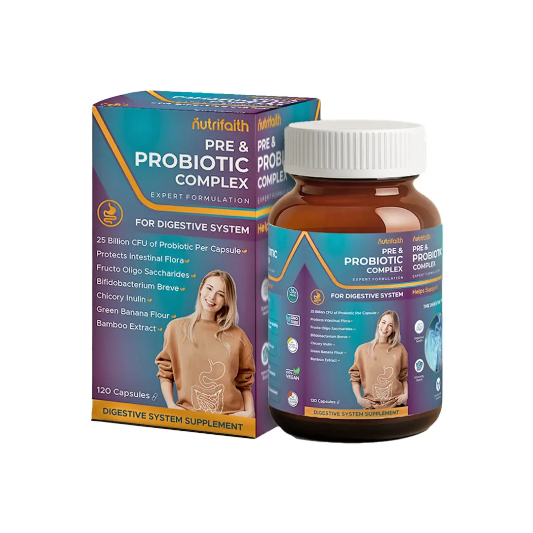 Nutrifaith Pre & Probiotic Complex Capsules 120s – digestive health supplement supporting gut balance and immunity