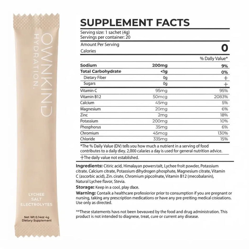 OWNKIND Hydration Lychee Electrolytes 20 Sachets – Zero Sugar Hydration Drink Mix