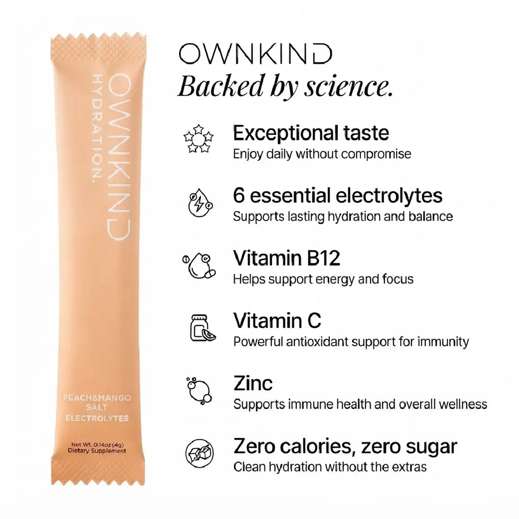 OWNKIND Hydration Peach & Mango Electrolytes 20 Sachets – Zero Sugar Drink Mix