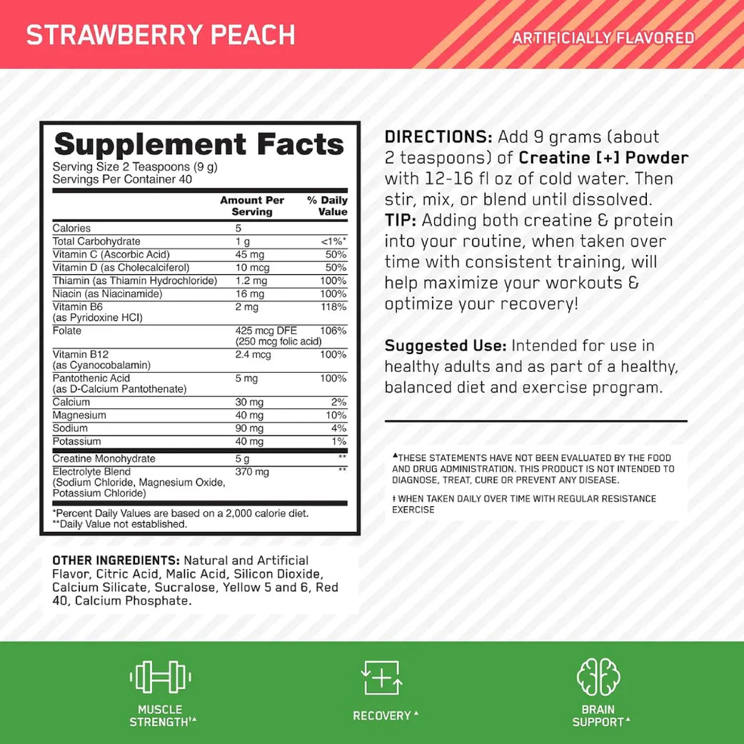 Optimum Nutrition Creatine+ Strawberry Peach Flavour 360g Serv 40