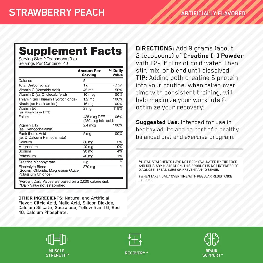 Optimum Nutrition Creatine+ Strawberry Peach Flavour 360g Serv 40