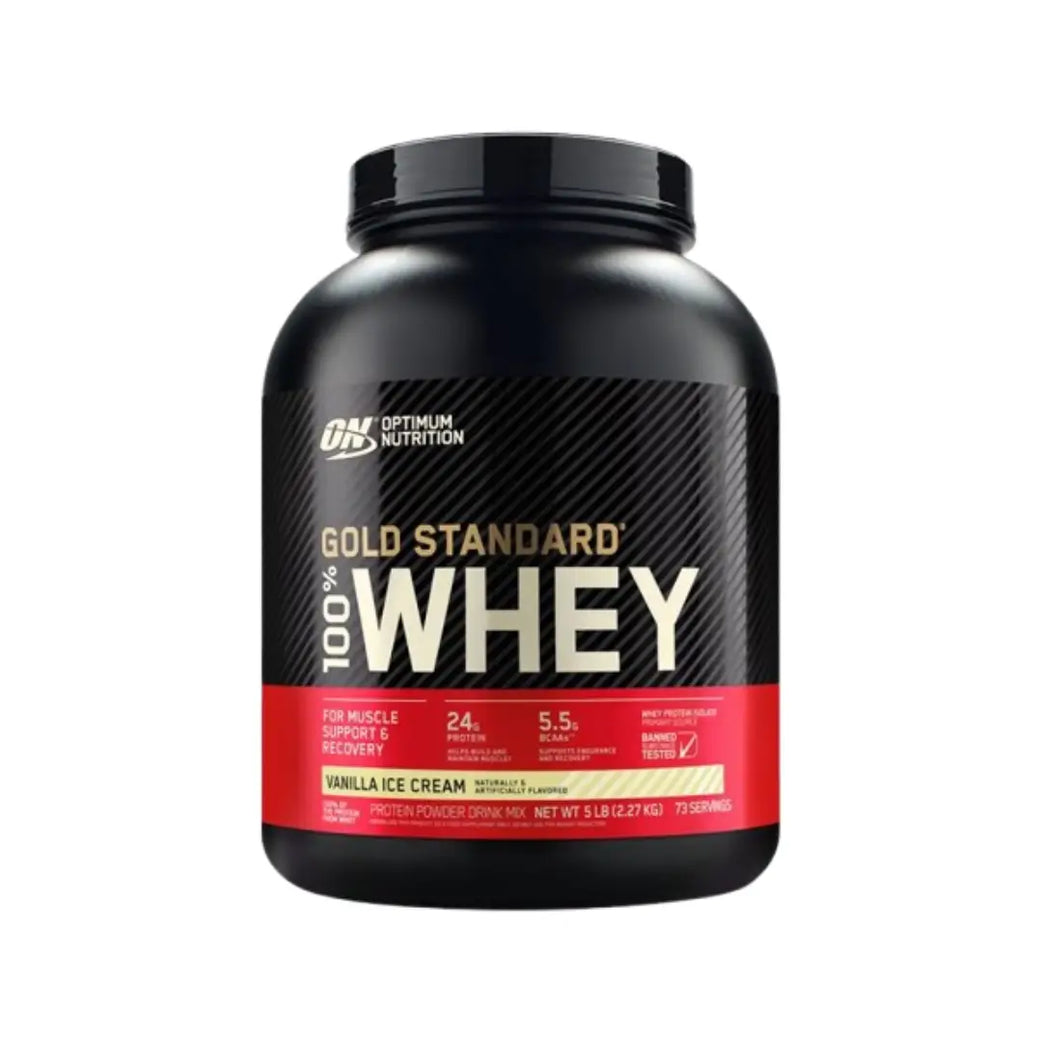Optimum Nutrition Gold Standard 100% Whey 5lb Vanilla Ice Cream Protein Powder for muscle growth and recovery