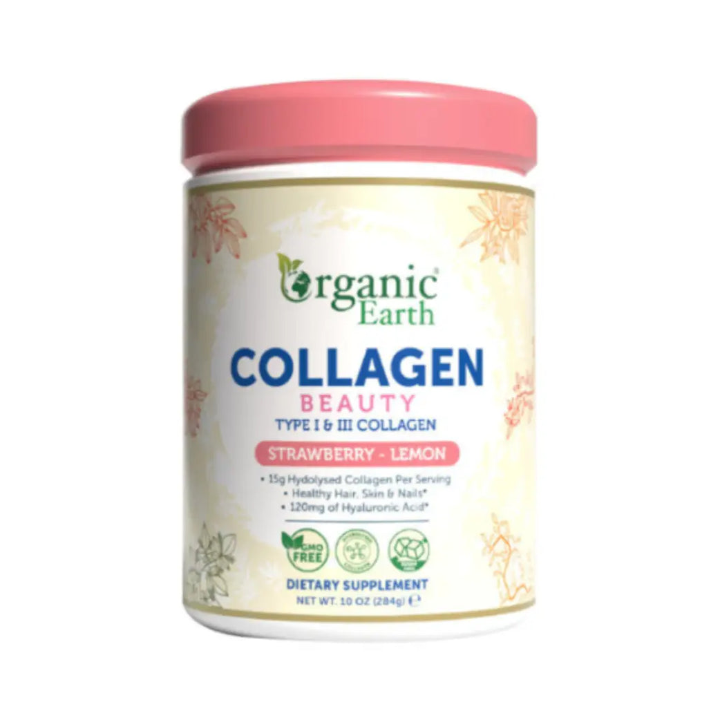 Organic Earth Collagen Beauty Strawberry Lemon 284g Hydrolysed Collagen Powder with Hyaluronic Acid and Vitamin C