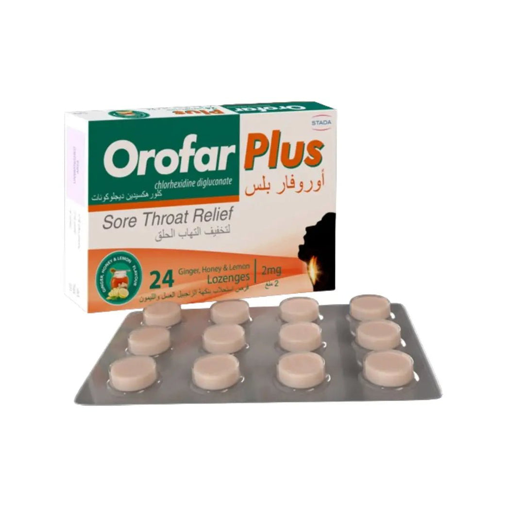 Orofar Plus Ginger Honey-Lemon Lozenges 2mg 24s Soothing lozenges for throat relief with ginger, honey, and lemon”