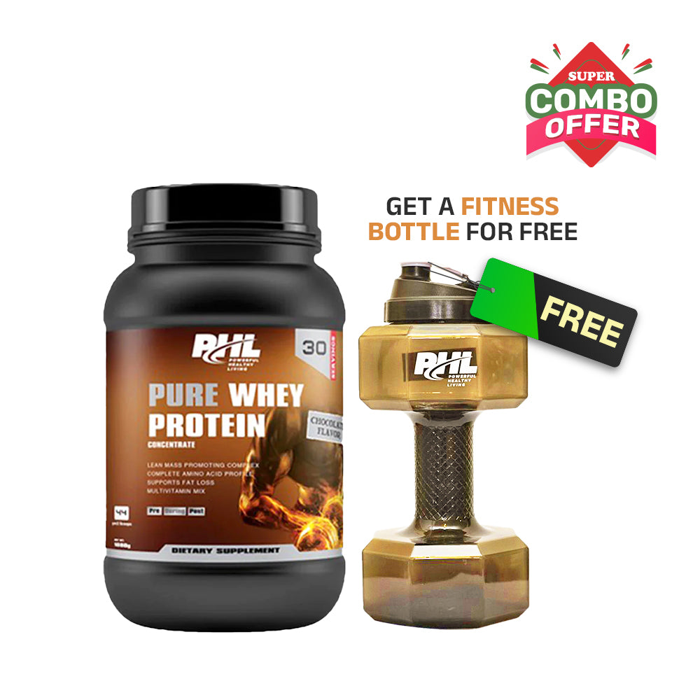 Super Combo Offer: Phl Pure Whey Protein 1kg Chocolate Serv 30 + Free Fitness Bottle