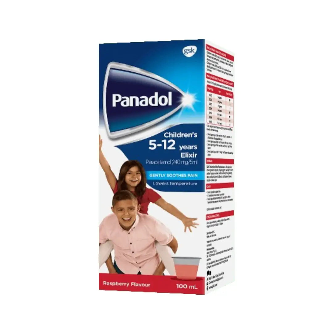 Panadol Children’s Elixir 240mg/5ml 100ml bottle, child-friendly oral suspension for everyday comfort and wellbeing.