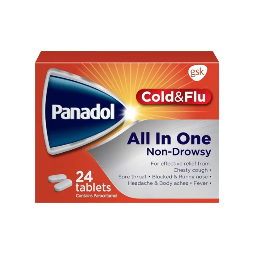 Panadol Cold & Flu All In One Tablets 24s pack – multi-symptom cold and flu relief tablets.
