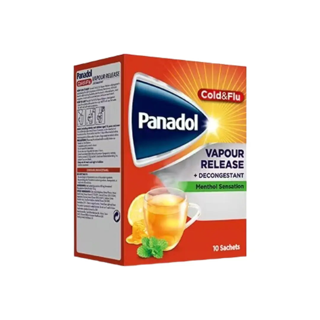 Panadol Cold & Flu Vapour Release Lemon & Honey Sachets 10s box – warming vapour drink for cold and flu comfort.