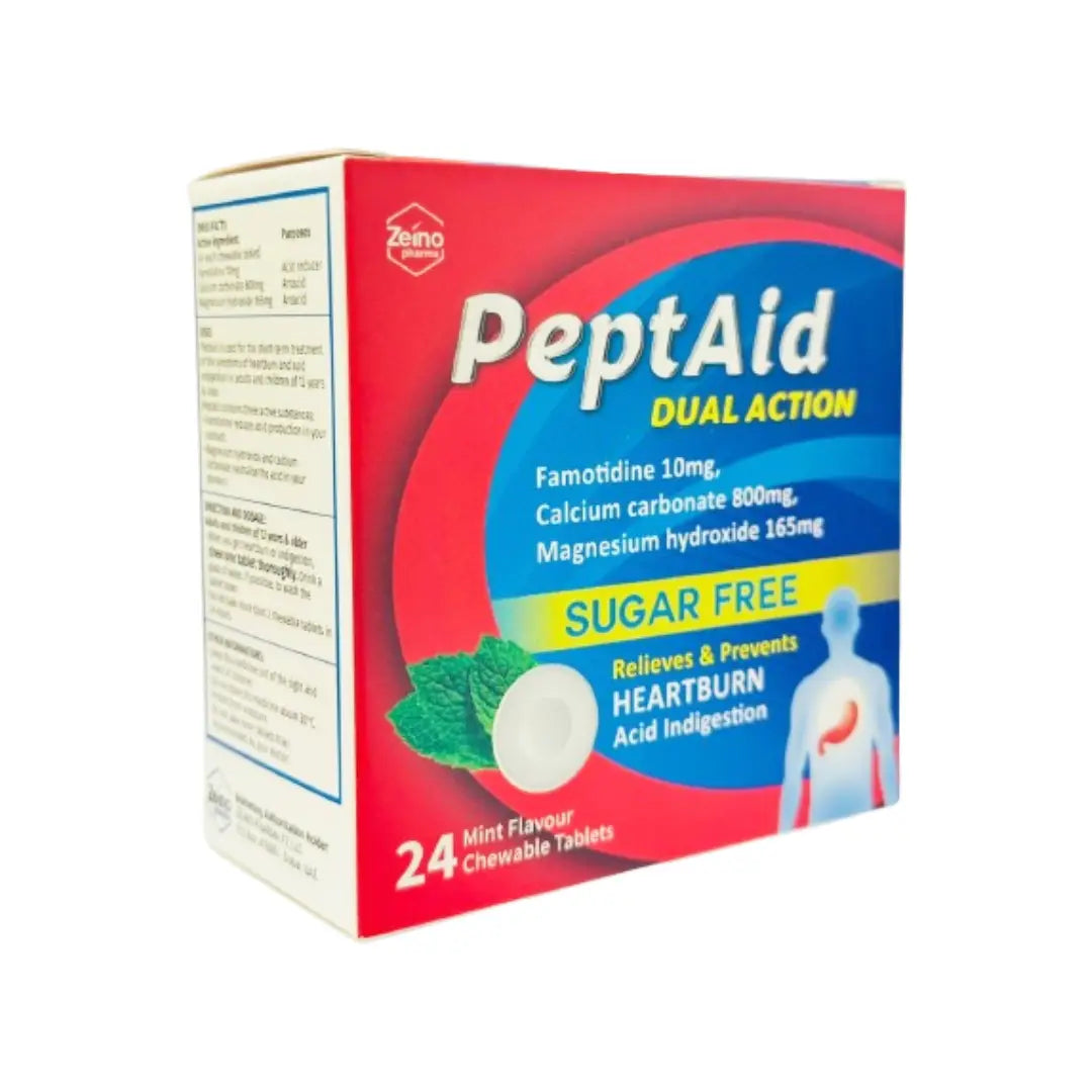 PeptAid Dual Action Sugar Free Mint Chewable Tablets 24s – Fast Acting Antacid for Heartburn & Indigestion Relief