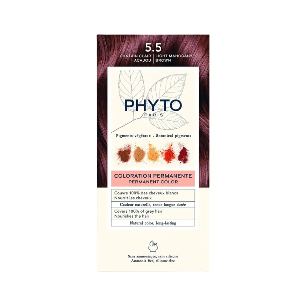 Phyto Phytocolor Permanent Hair Color 5.5 Light Mahogany Brown | Ammonia-Free Hair Dye | 100% Grey Coverage | Natural Looking Color