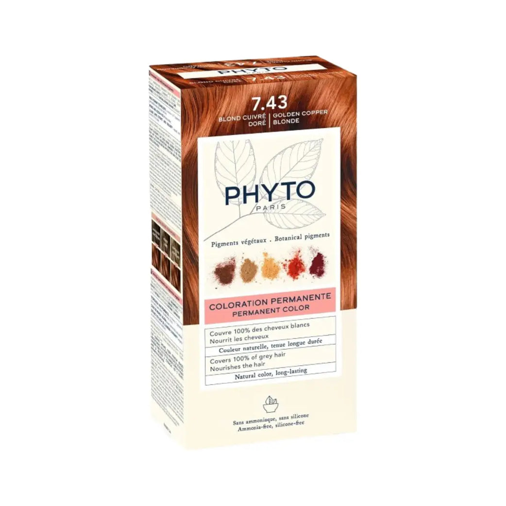 Phyto Permanent Hair Color 7.43 Golden Copper Blonde | Ammonia-Free Hair Dye | 100% Grey Coverage | Natural Looking Color